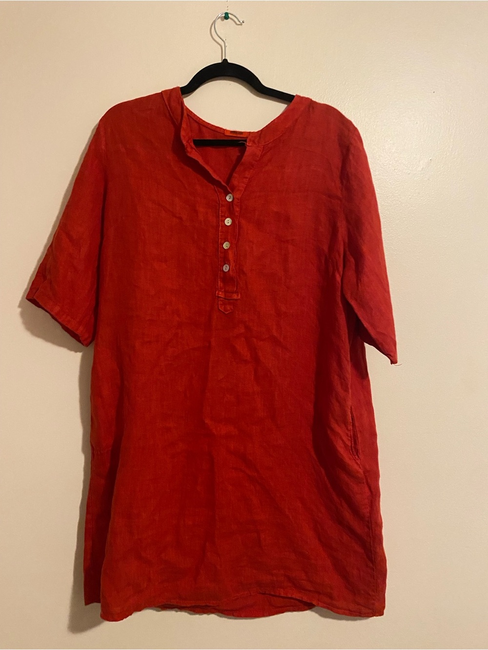 Relaxed Rust Red Linen Button-Front Mini Dress